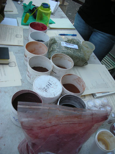 Dyestuffs arranged on the table