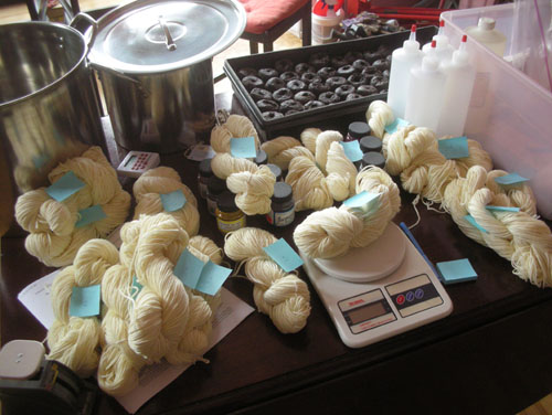 Weighing the skeins