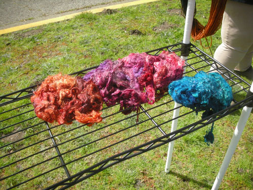 Dyed mohair locks drying